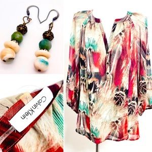 Calvin Klein Silk Bohemian Abstract Feather 🪶 Print Blouse+Stone Bead Earrings
